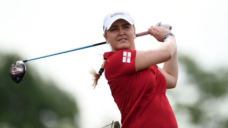 Charley Hull of England hits her tee shot on the fourth hole during the four-ball session