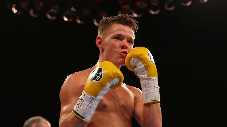 Charlie Edwards celebrates beating Phil Smith during their English Flyweight Championship bout 