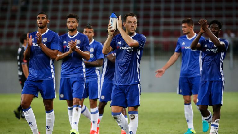 VELDEN, AUSTRIA - JULY 20:  John Terry (C) of Chelsea greet the fans with his team mates after the international friendly match between WAC RZ Pellets and 