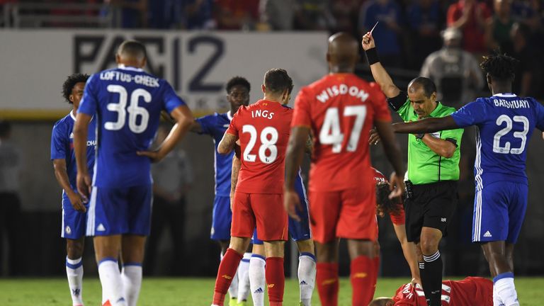 Cesc Fabregas was sent off after a lunge on Ragnar Klavan during Chelsea's 1-0 International Challenge Cup win over Liverpool