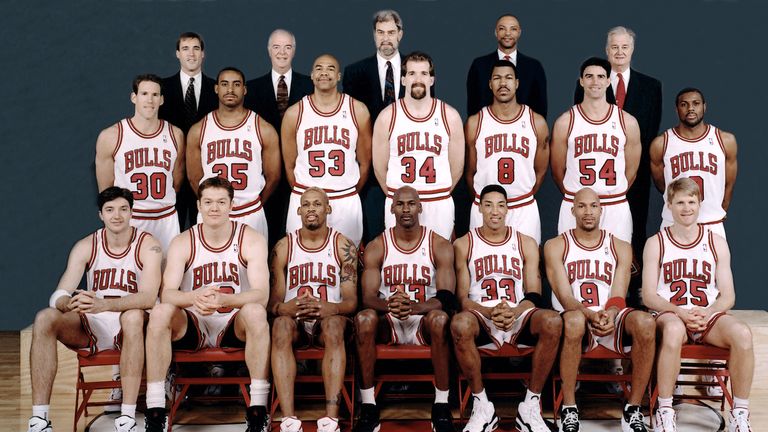 CHICAGO - 1996: The 1995-96 NBA Chicago Bulls pose for a team portrait in Chicago, IL. Front row (left to right): Toni Kukoc, Luc Longley, Dennis Rodman, M