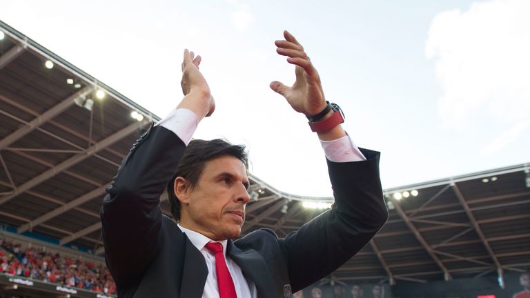 CARDIFF, WALES - JULY 08: Wales' manager Chris Coleman claps during a ceremony at the Cardiff City Stadium on July 8, 2016 in Cardiff, Wales. The players t