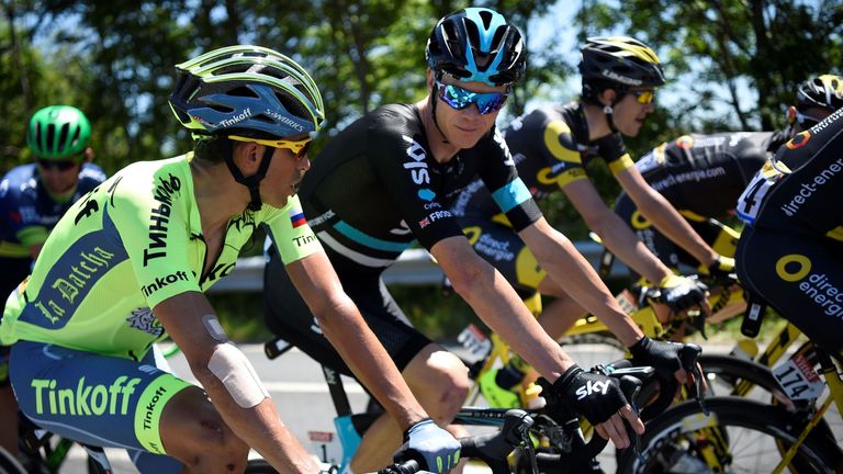 Spain's Alberto Contador (L) and Great Britain's Christopher Froome (C) ride during the 190,5 km sixth stage of the 103rd edition of the Tour de France cyc