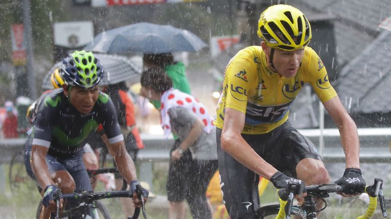 ChrisFroome of Great Britain riding for Team Sky and Nairo Quintana of Colombia riding for Movistar at the Tour de France