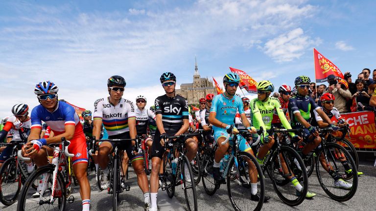 Arthur Vichot, Peter Sagan, Chris Froome, Vincenzo Nibali, Alberto Contador and Nairo Quintana before the start of Stage 1 of the 2016 Tour de France