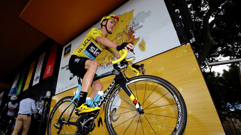 Chris Froome of Great Britain riding for Team Sky wearing the yellow leaders jersey prepares for stage eleven of the 2016 L