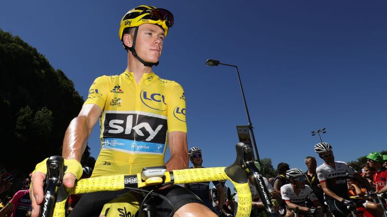 Great Britain's Christopher Froome, wearing the overall leader's yellow jersey, waits for the start of the 209 km sixteenth stage of the 103rd edition of t