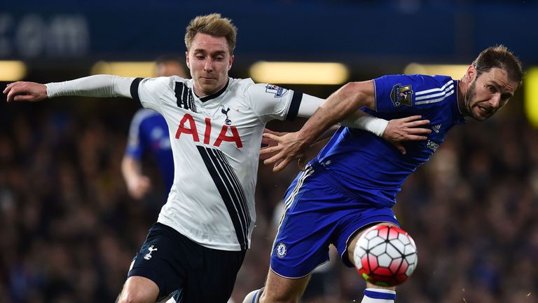 Tottenham Hotspur's Danish midfielder Christian Eriksen (L) chases the ball with Chelsea's Serbian defender Branislav Ivanovic (R) during the English Premi