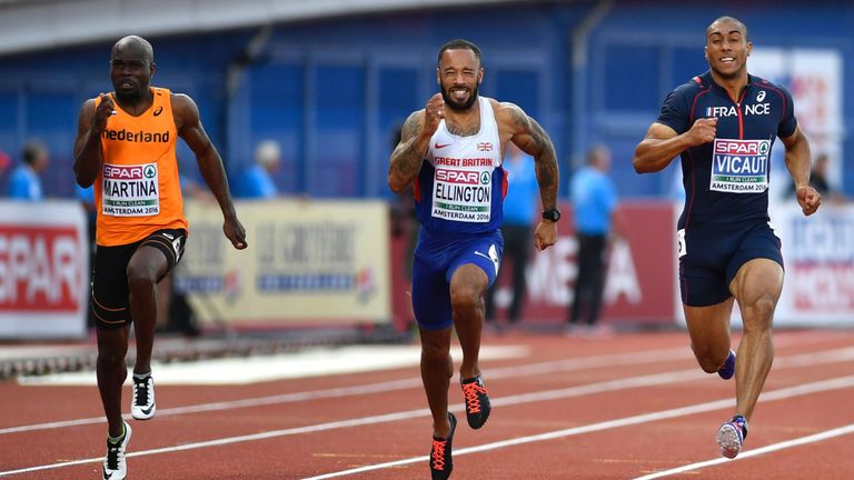 (L to R) Gold medallist Netherland's Churandy Martina, 5th placed Britain's James Ellington and Bronze medallist France's Jimmy Vicaut compete in the men's