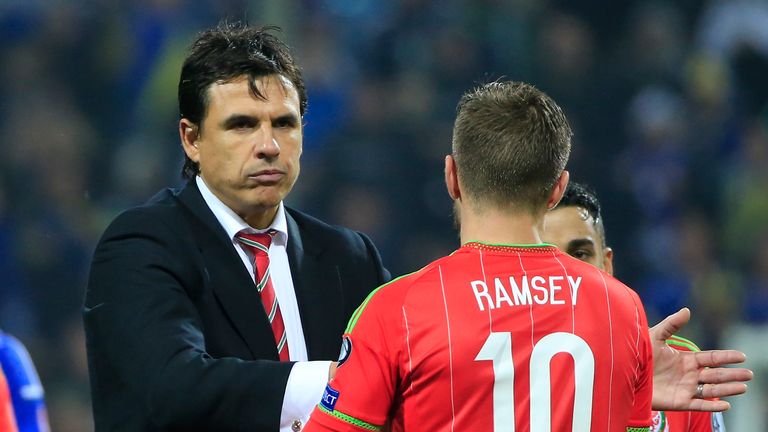 ZENICA, BOSNIA AND HERZEGOVINA - OCTOBER 10: Head coach Chris Coleman (L) celebrate with the Aaron Ramsey (R) of Wales after the Euro 2016 qualifying footb