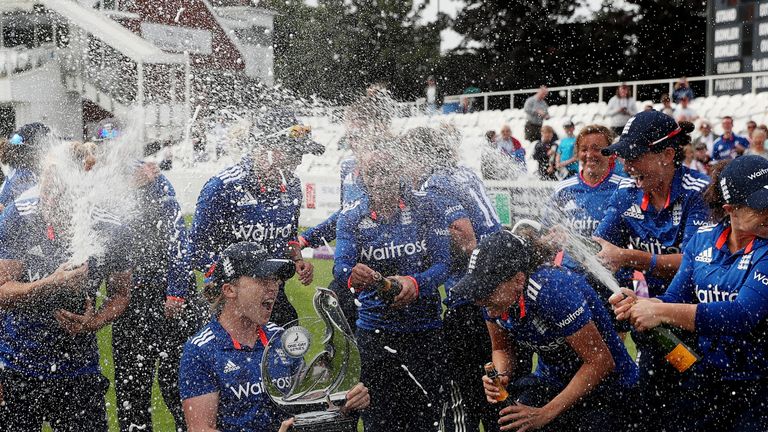 England celebrate their series win after the Third Royal London One Day International at the Cooper Associates County Ground, Taunton.