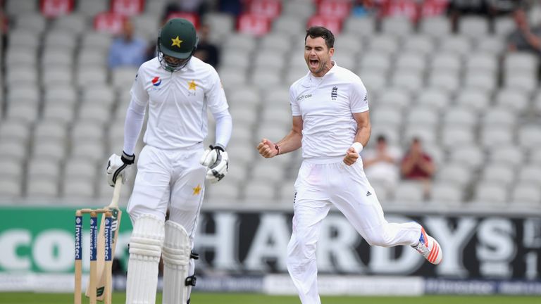 England bowler James Anderson celebrates after dismissing Pakistan batsman Shan Masood