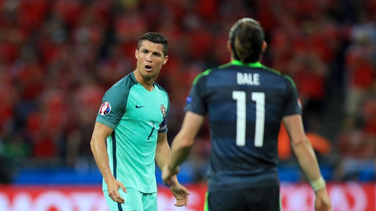 Portugal's Cristiano Ronaldo (left) and Wales' Gareth Bale during the UEFA Euro 2016, semi-final match at the Stade de Lyon, Lyon. PRESS ASSOCIATION Photo.