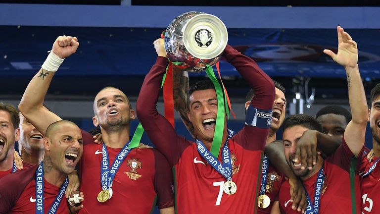 Cristiano Ronaldo of Portugal lifts the European Championship trophy 
