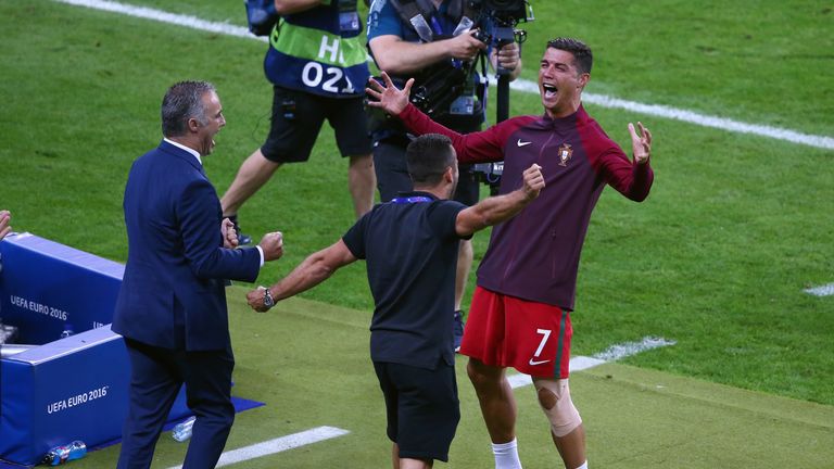 Cristiano Ronaldo of Portugal celebrates with his team