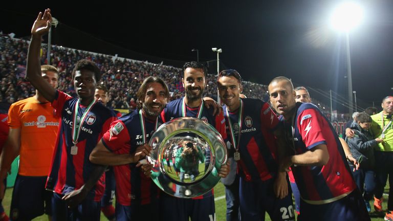 CROTONE, ITALY - MAY 20:  Players of Crotone celebrate after the Serie B match between FC Crotone and Virtus Entella  at Stadio Comunale Ezio Scida on May 