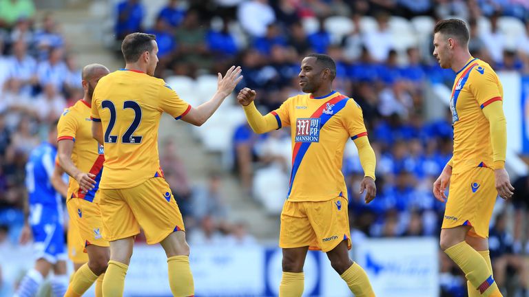 COLCHESTER, ENGLAND - JULY 25:  Jordon Mutch of Crystal Palace celebrates his opening goal with Jason Puncheon during the Pre-Season Friendly match between