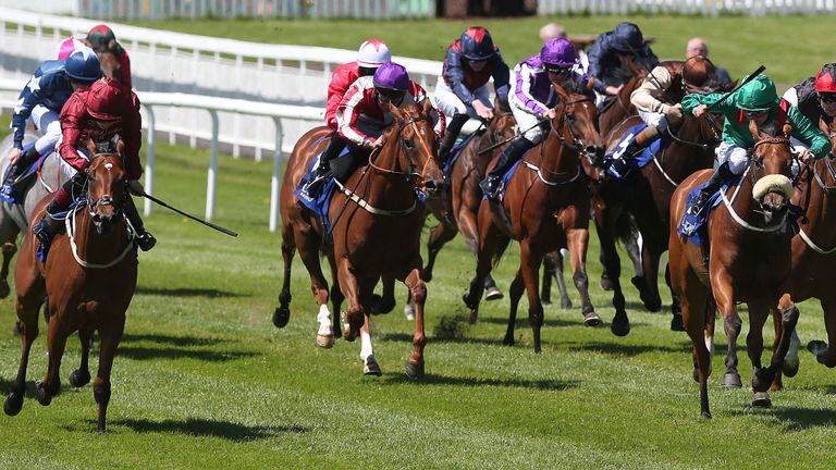 Velveteen ridden by Colin Keane (left) on the way to winning the Qipco European Breeders Fund Fillies Maiden at the Curragh
