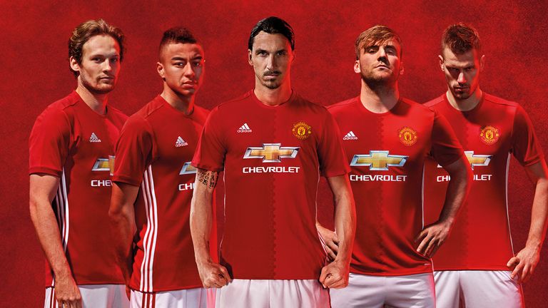 Daley Blind, Jesse Lingard, Zlatan Ibrahimovic, Luke Shaw and Morgan Schneiderlin model the new 2016/17 Manchester United home kit by adidas
