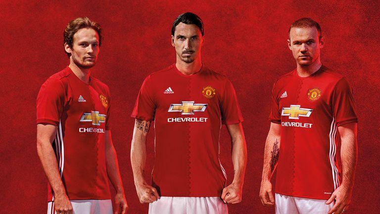 Daley Blind, Zlatan Ibrahimovic and Wayne Rooney in the adidas Manchester United home kit for 2016/17