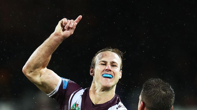 Daly Cherry-Evans celebrates after kicking the winning field goal in golden point as Manly Sea Eagles beat New Zealand Warriors at nib Stadium