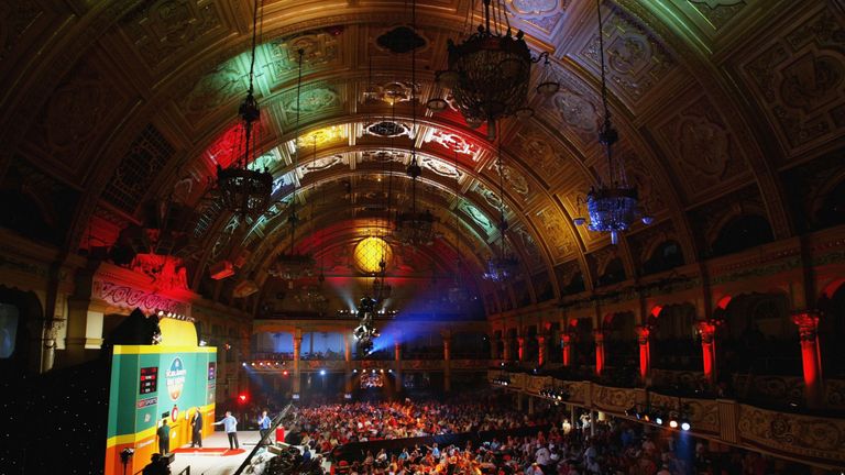 BLACKPOOL, ENGLAND - JULY 28:  A General view of the Winter Gardens arena is seen during the Stan James World Matchplay Darts Championship at the Winter Ga