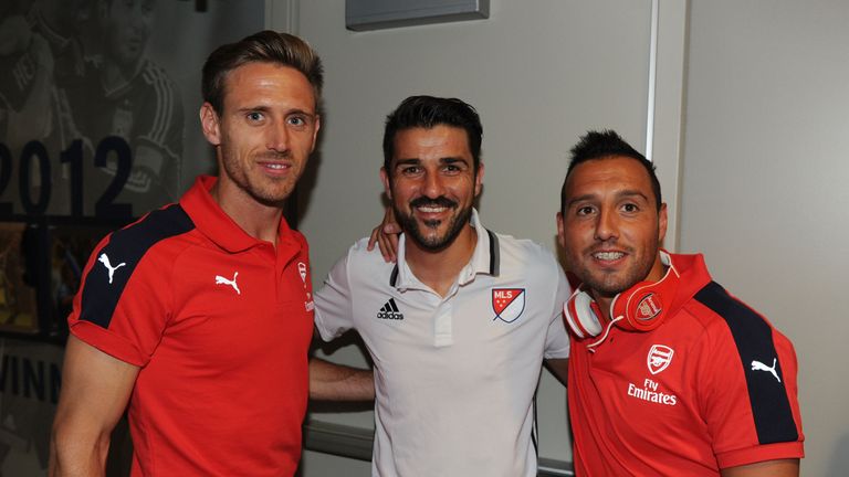 (left to right) Nacho Monreal, David Villa and Santi Cazorla smile for the camera