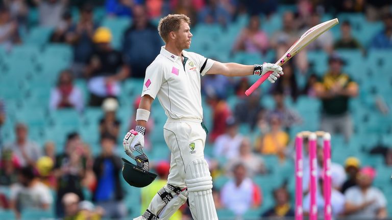 David Warner of Australia celebrates after reaching his century during day five of the third Test match
