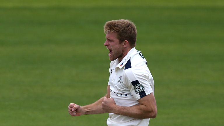 NOTTINGHAM, ENGLAND - MAY 03:  David Willey of Yorkshire celebrates after taking the wicket of Steven Mullaney during the Specsavers County Championship di