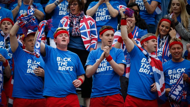 BELGRADE, SERBIA - JULY 15: Great Britain fans cheer Kyle Edmund during his match against Janko Tipsarevic of Serbia during the Davis Cup Quarter Final mat