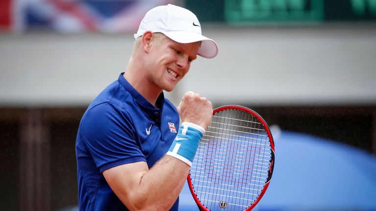  Kyle Edmund of Great Britain celebrates during day three of the Davis Cup quarter final