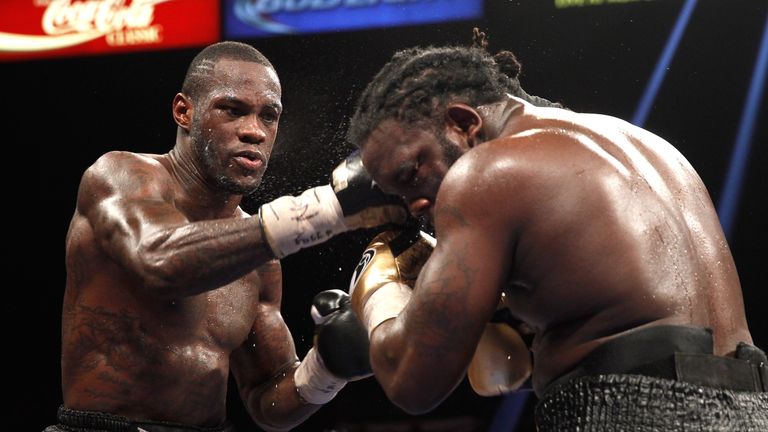 LAS VEGAS, NV - JANUARY 17:  Deontay Wilder (L) punches WBC heavyweight champion Bermane Stiverne during their title fight at the MGM Grand Garden Arena on