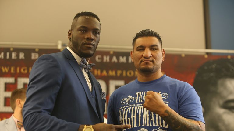 BIRMINGHAM, AL - JULY 14:  WBC World Heavyweight Champion Deontay Wilder and Chris Arreola pose during a press conference at the Birmingham-Jefferson Civic
