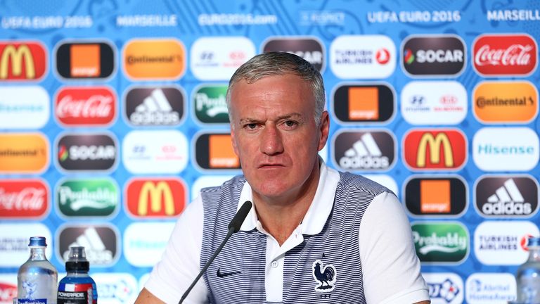 Head coach Didier Deschamps faces the media during the France press conference at Stade Velodrome