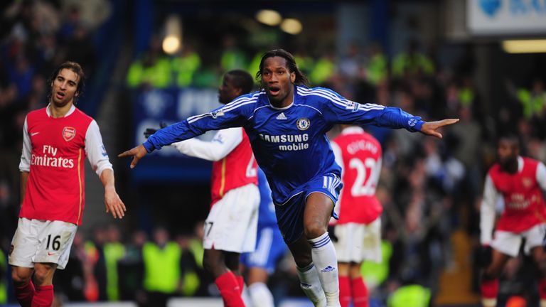 LONDON - MARCH 23:  Didier Drogba of Chelsea celebrates as he scores their second goal during the Barclays Premier League match between Chelsea and Arsenal