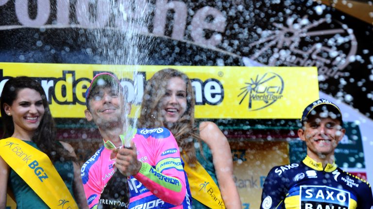 MADONNA, ITALY - JULY 27:  Diego Ulissi of Lampre teams celebrates on the podium after winning  stage one the 2013 Tour de Pologne on July 27, 2013 in Mado