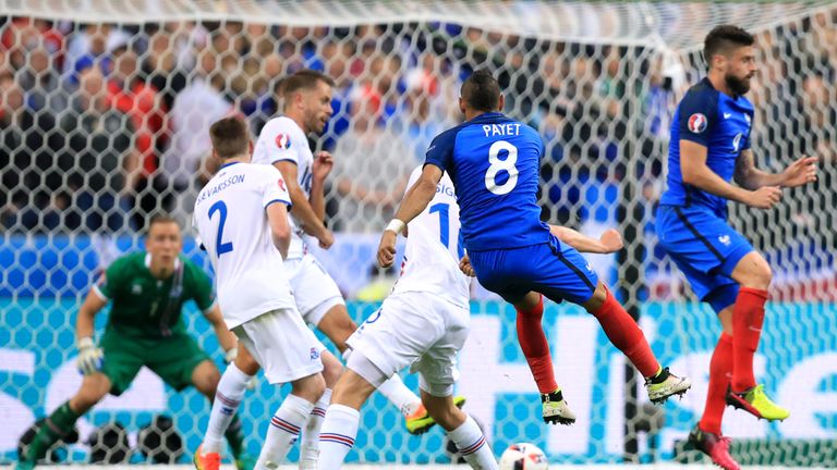 Dimitri Payet (second right) puts France 3-0 up against Iceland