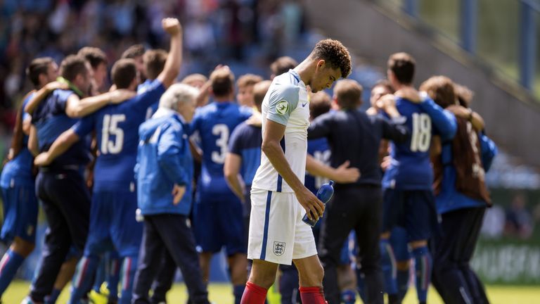 Chelsea's Dominic Solanke trudges off as Italy's U19s celebrate reaching the European Championship final