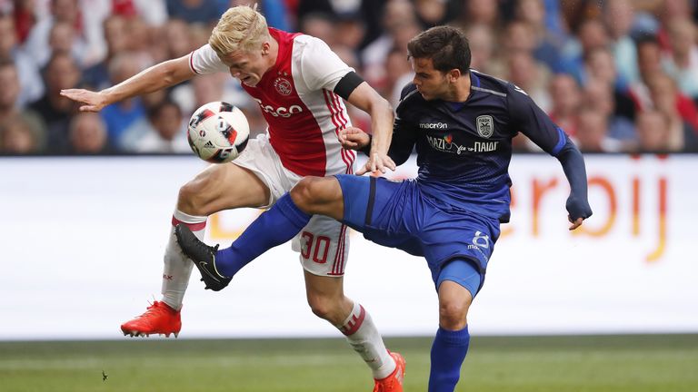 (L-R) Donny van de Beek of Ajax, Charis Charisis of PAOK FC during the UEFA Champions League Third qualifying round first leg match between Ajax Amsterdam 
