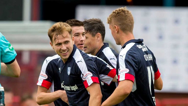 Dundee's Greg Stewart (left) celebrates his second of the match against Dumbarton