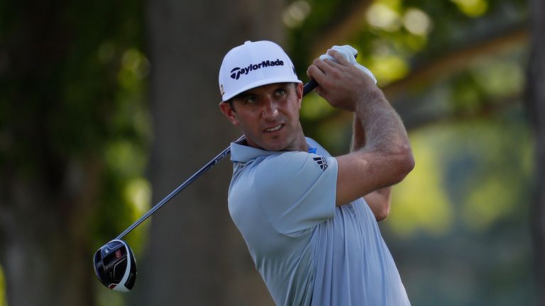 SPRINGFIELD, NJ - JULY 27:  Dustin Johnson of the United States reacts to his tee shot during a practice round prior to the 2016 PGA Championship at Baltus