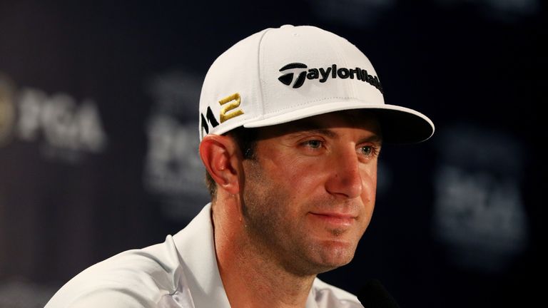 SPRINGFIELD, NJ - JULY 27:  Dustin Johnson of the United States is interviewed during a press conference after a practice round prior to the 2016 PGA Champ