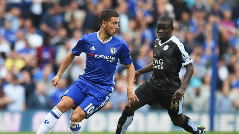 LONDON, ENGLAND - MAY 15: Eden Hazard of Chelsea is closed down by Ngolo Kante of Leicester City  during the Barclays Premier League match between Chelsea 