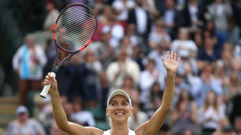 Russia's Elena Vesnina celebrates beating Slovakia's Dominika Cibulkova after their women's singles quarter-final match on the ninth day of the 2016 Wimble