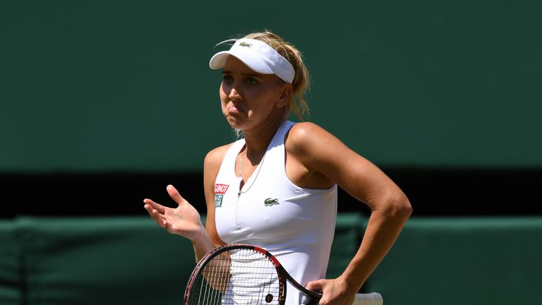 LONDON, ENGLAND - JULY 07:  Elena Vesnina of Russia reacts during the Ladies Singles Semi Final match against Serena Williams of The United States on day t