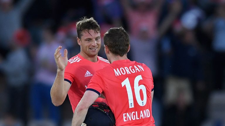England captain Eoin Morgan and Jos Buttler celebrate winning the Natwest International T20 match between England and Sri Lanka