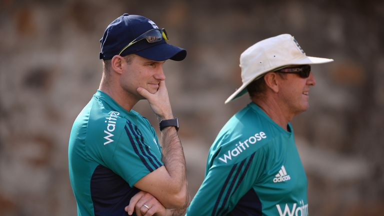 DELHI, INDIA - MARCH 22:  Director of England cricket Andrew Strauss and coach Trevor Bayliss during a nets session at Feroz Shah Kotla Ground on March 22,
