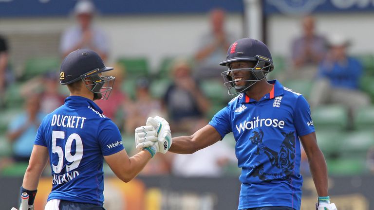 CANTERBURY, ENGLAND - JULY 25: Daniel Bell-Drummond of England Lions celebrates with teammate Ben Duckett after reaching 150 runs during the Royal London O