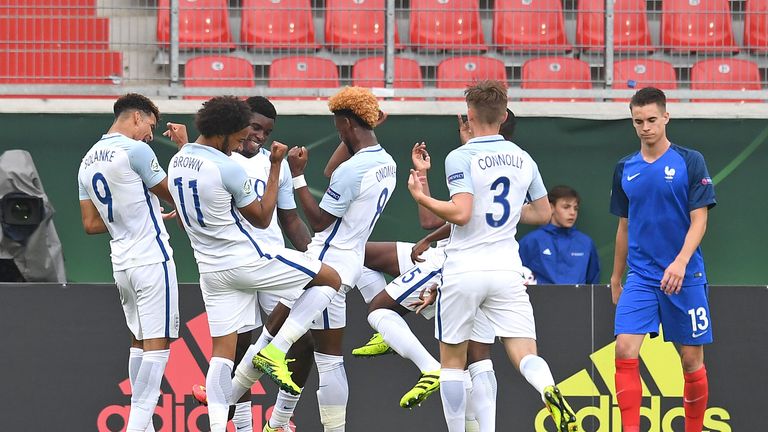 HEIDENHEIM, GERMANY - JULY 12: Dominic Solanke of England (hidden) celebrates his team's second goal with team mates during the UEFA Under19 European Champ
