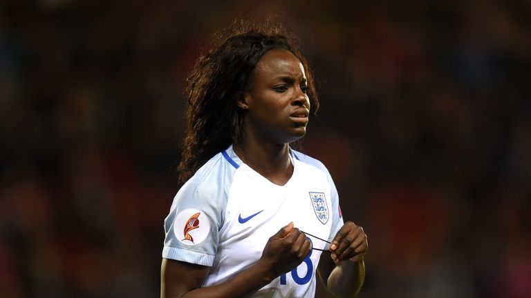 ROTHERHAM, ENGLAND - APRIL 08:  Eniola Aluko in action during the UEFA Women's European Qualifer between England and Belgium at The New York Stadium on Apr